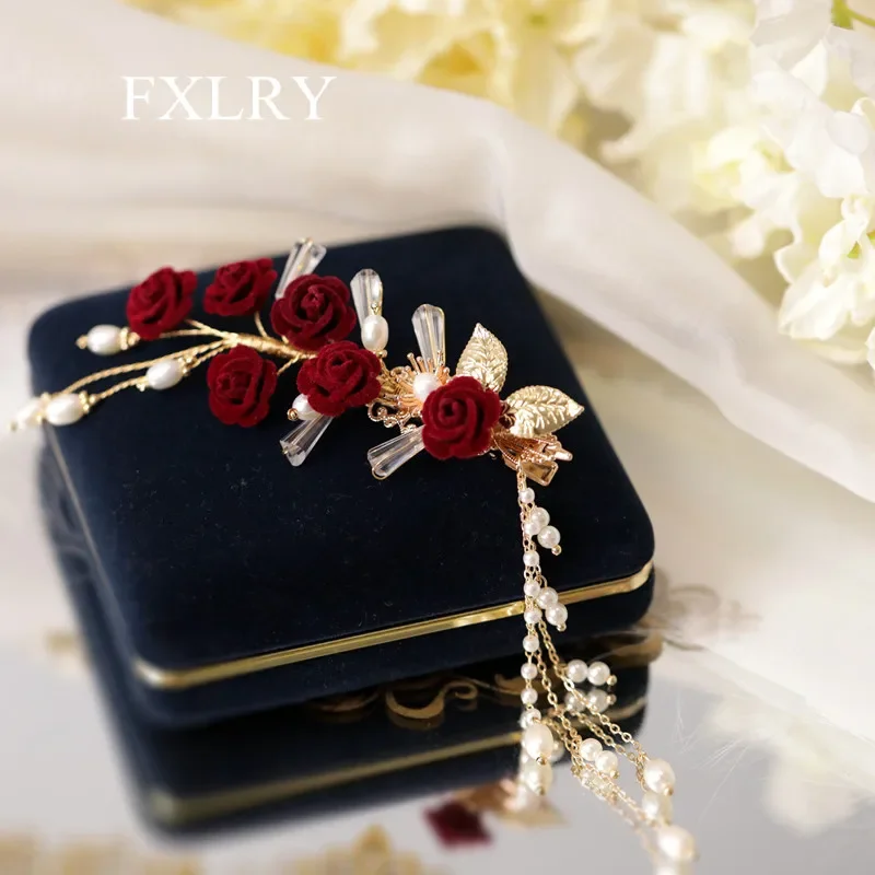 FXLRY Original Handmade Natural Pearl Hairpin Side Clip Side Fringe Red Flower Clip Classical Cheongsam Hanfu Accessorieshair ac