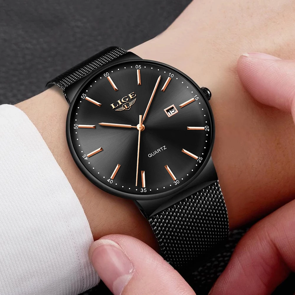 LIGE Mens Watches Fashion Ultra Thin Watch Man Waterproof Date Quartz WristWatch for Men Business Male Clock Relogio Masculino