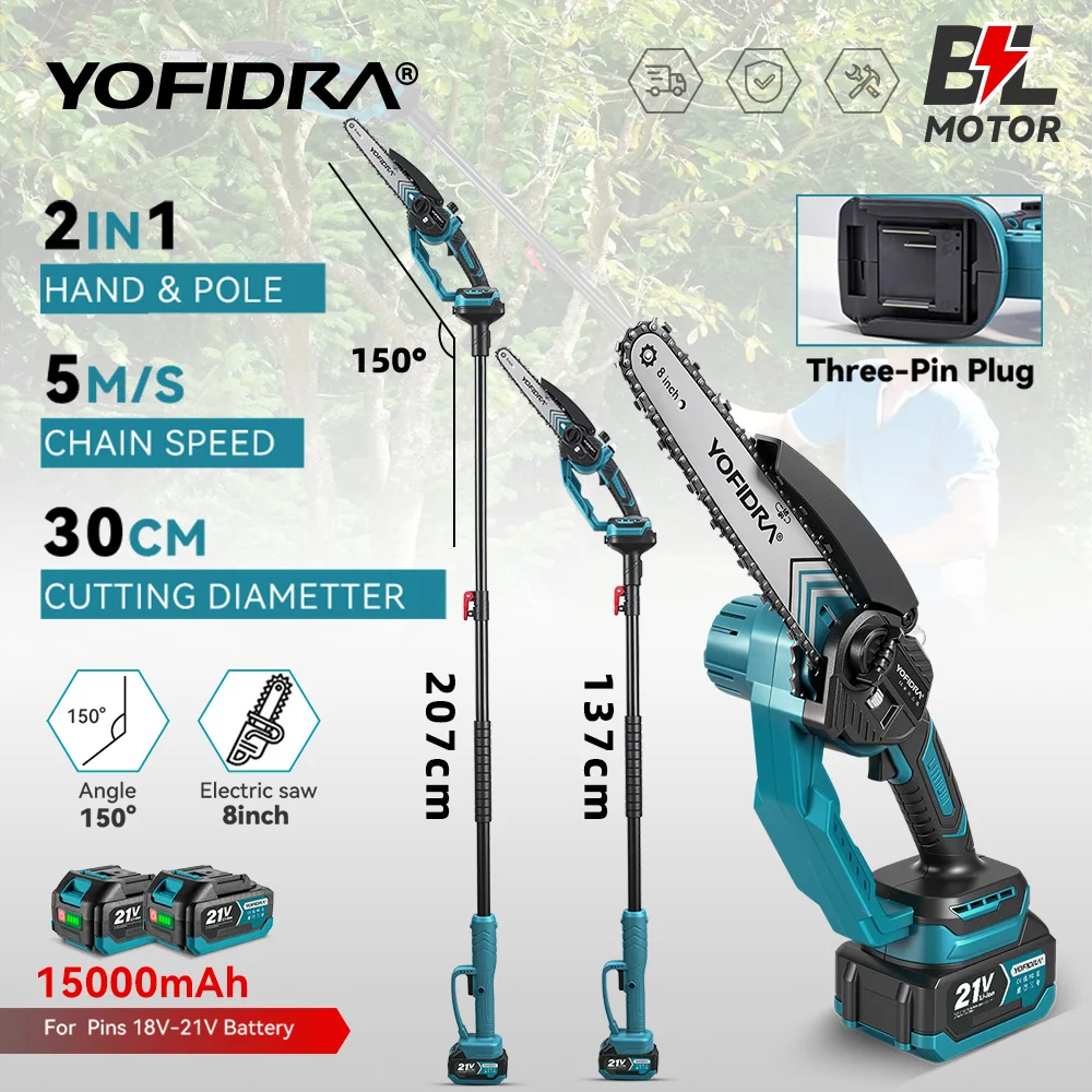 YOFIDRA 5000W Bürstenlose Teleskop-Astensäge Elektrische Kettensäge Holzbearbeitungs-Elektrowerkzeug für 18V 21V Akku