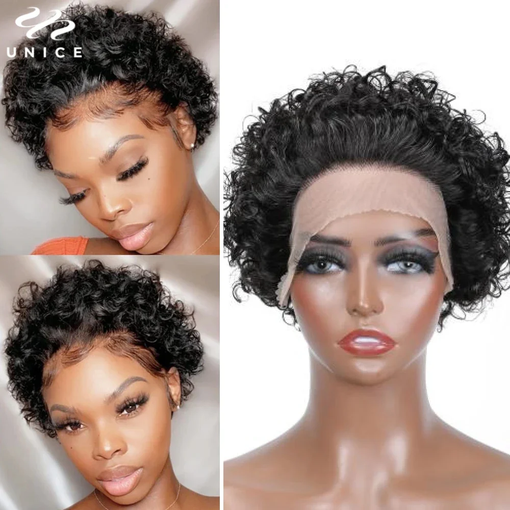 UNice Short Curly Pixie Cut Lace Wig 100% Human Hair 13X1 Lace T-Part Wigs Pre Plucked Human Hair Afro Curly Wig for Women 6Inch