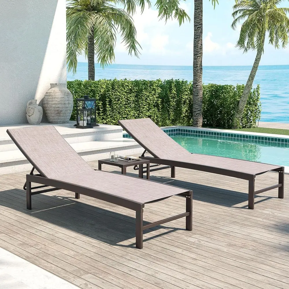 

2-Piece Outdoor Pool Lounge Set with Side Table, 5-Position Adjustable Recliner for Beach, Pool, Sunning, Lawn, Yard - Beige