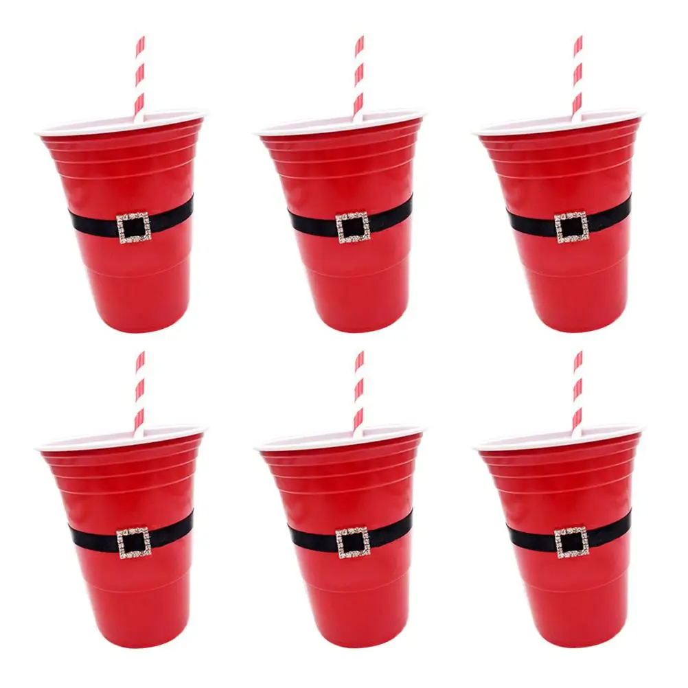 

12 Pcs Drink Cup Straw Set Reusable Plastic Christmas Santa Belt Pattern Safe Home Party Beer Water Milk Beverages