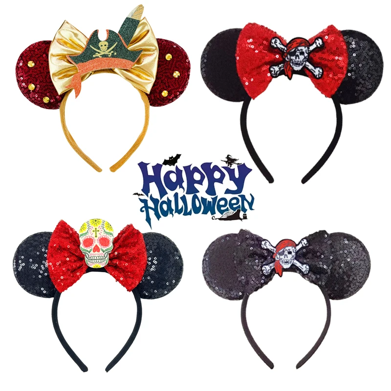 Skull Crossbones Pirate Mickey Mouse Ear Headband Bat Pumpkin Bow Halloween Hairband Festival Party Cosplay Hair Accessories