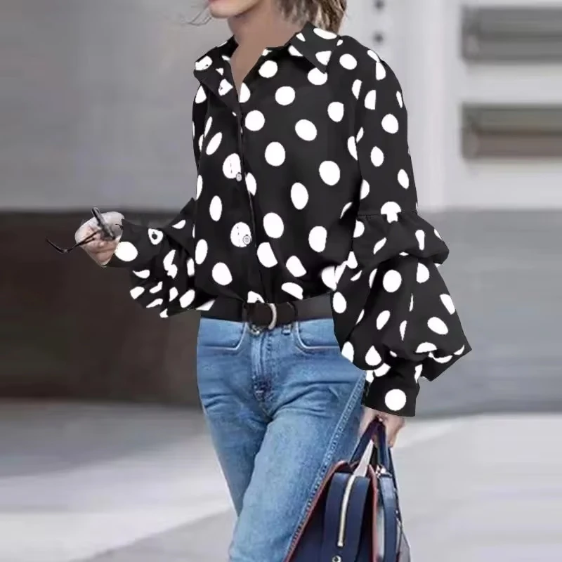 Fashion Polo-neck Polka Dot Long Sleeve Blouse Elegant Autumn Office Lady Shirt Casual Loose Tops Women\'s Clothes Blusas 18308