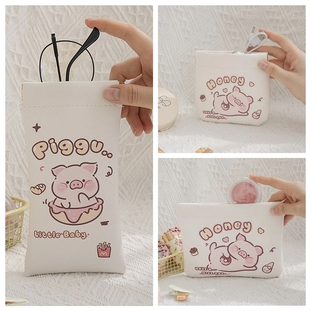 3pcs/set Pu Leather Self-closing Coin Purse Capybara Pig Lipstick Storage Bag Kawaii Earphone Bag Glasses Bag Travel Supplies