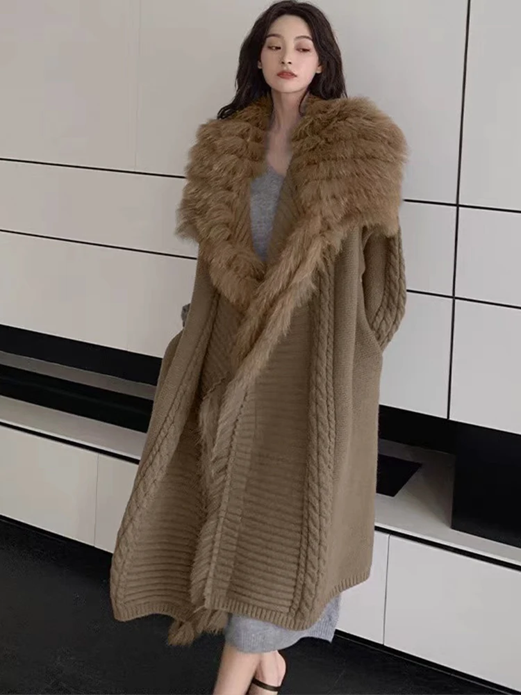 Women Autumn Real Fox Fur Knitting OverSize Coat Winter Fox Fur Decoration Lady\'s Thick Long Cardigan Sweater Jacket