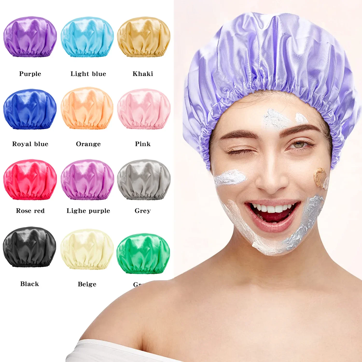 New Double Layer Shower Cap Women Waterproof  Bath Head Cover Bath Towel Bridesmaid Satin Silk Head Wrap Hair Dyed Baked Oil Cap