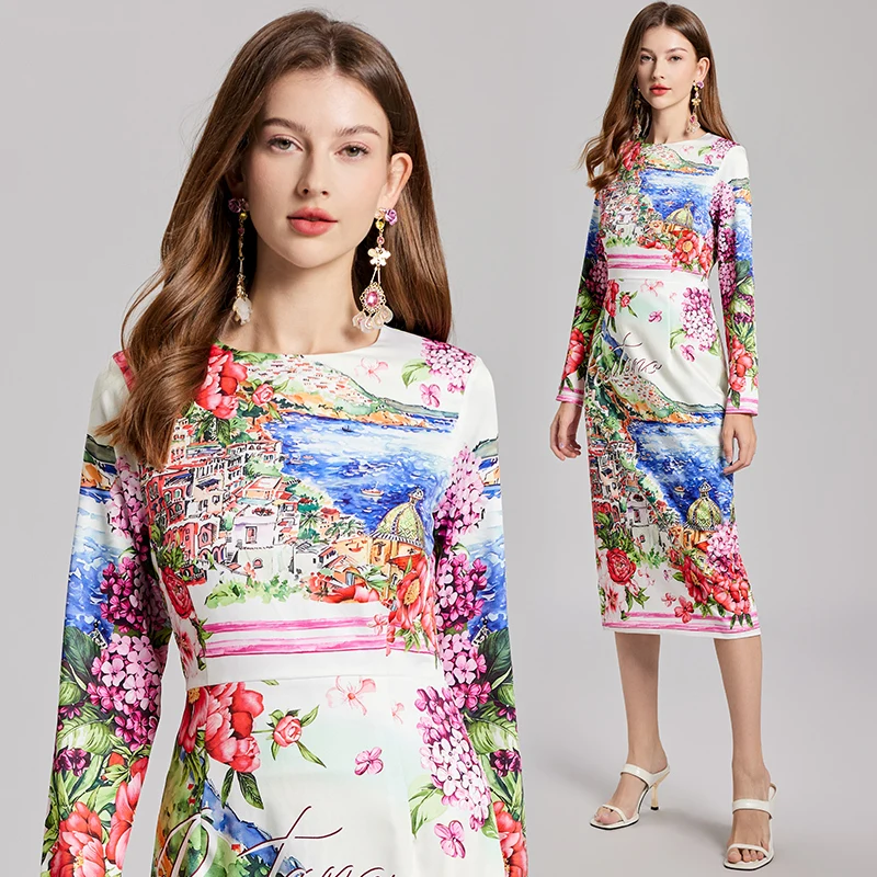 Brand Designer Autumn Long Sleeve Floral Midi Pencil Dress Women Elegant Sheath Bodycon Seaside City Print Flower Party Vestidos