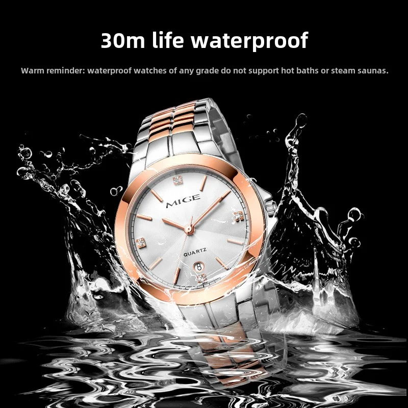 MIGE Brand Fashion  Couple Watches for Lovers Simple Classic Quartz Stainless Steel  Wristwatches with calendar  waterproof