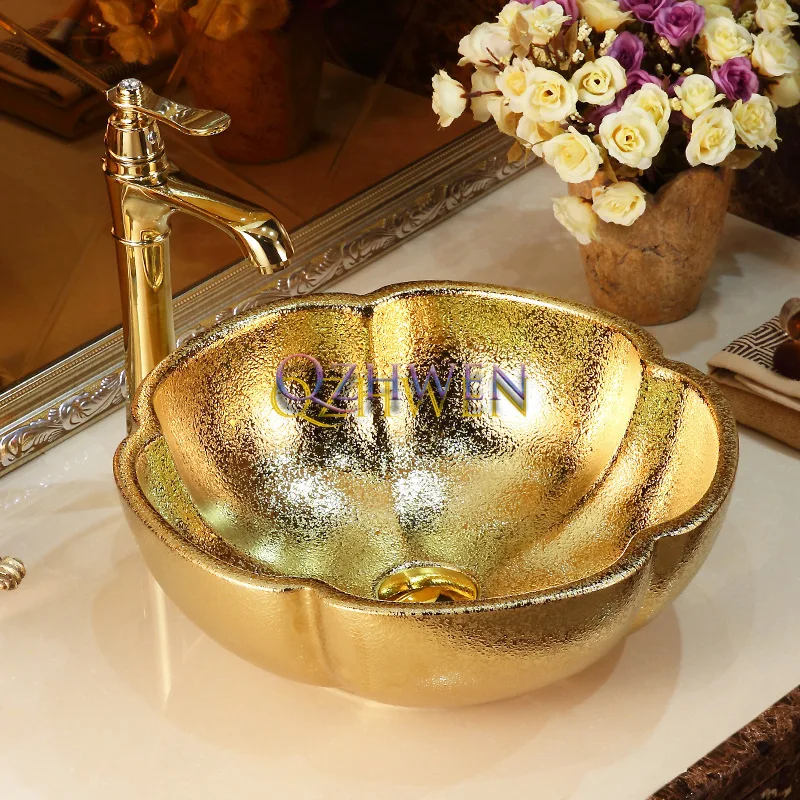 

41*41*14cm Petal-shaped Gold Sink Luxury Ceramic Washbasin Hotel Balcony Countertop Art Basin Home Toilet Bathroom Sink