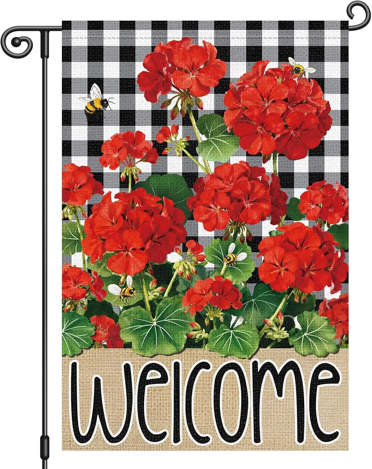 Heyfibro Welcome Spring Garden Flag 12x18 Inch Double Sided Black and White Buffalo Plaid Geranium Garden Flag Seasonal Smal ZZM