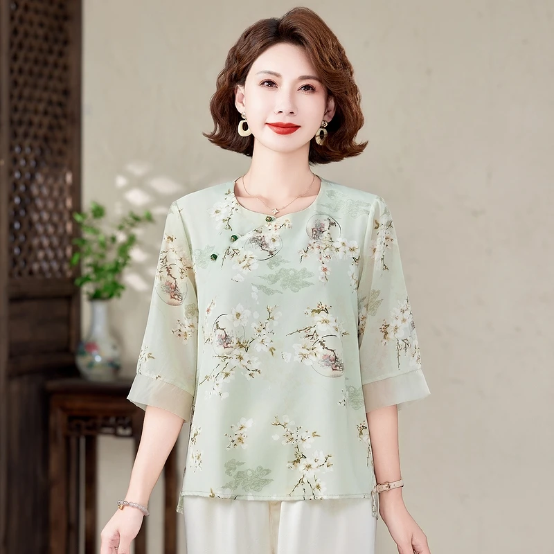 

Новая китайская летняя блузка в национальном стиле для женщин среднего возраста, модный шифоновый топ с цветочным принтом, стройнящий силуэт