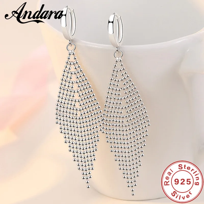 New 925 Sterling Silver Long Earrings Tassel Beads Long Earrings For Women\'S Wedding Fashion Jewelry Gifts