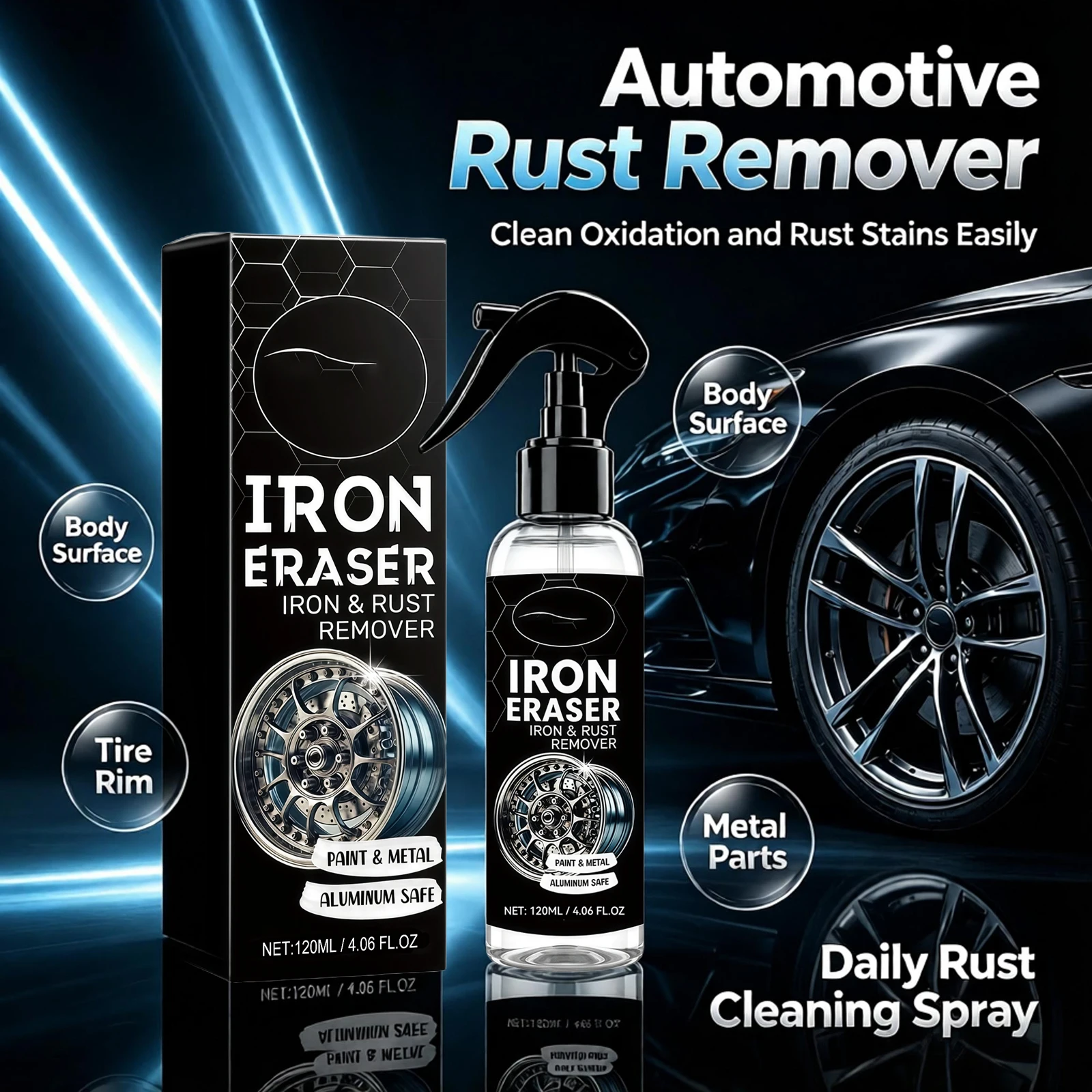 Car Rust Cleaner Spray for Car Body Wheels and Tires Stubborn Iron Rust Remover Oxidation Dissolve Dirt Auto Rim Cleaner 120ml