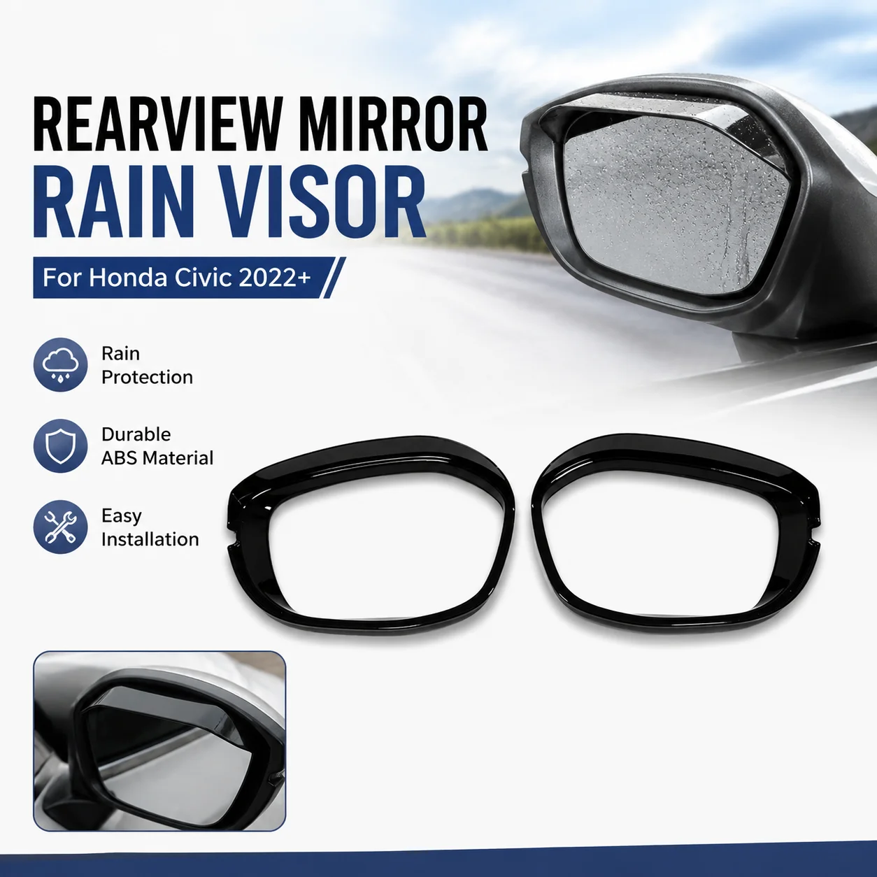 ABS Glossy Black Rearview Mirror Rain Visor for Honda Civic 2022+