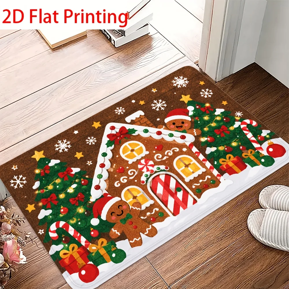 Christmas New Year Decorative Doormat Gingerbread House Welcome Floor Mat for Front Door Entryway Home Holiday Party Decor