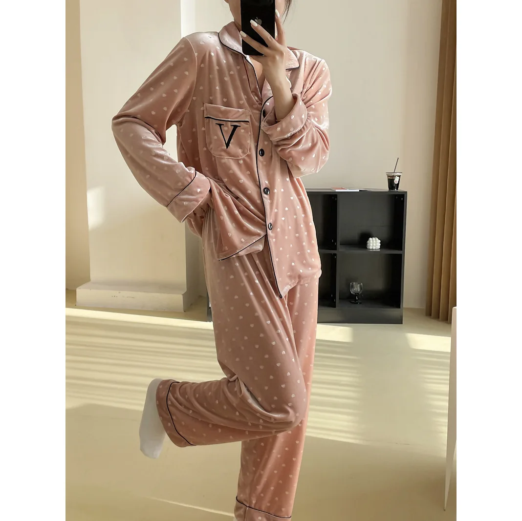 Warm Velvet Pajamas Set Long Sleeve Homewear Lady Elegant 2Pcs Top&pants Autumn Winter New Sleepwear Print Love Pyjamas Suit