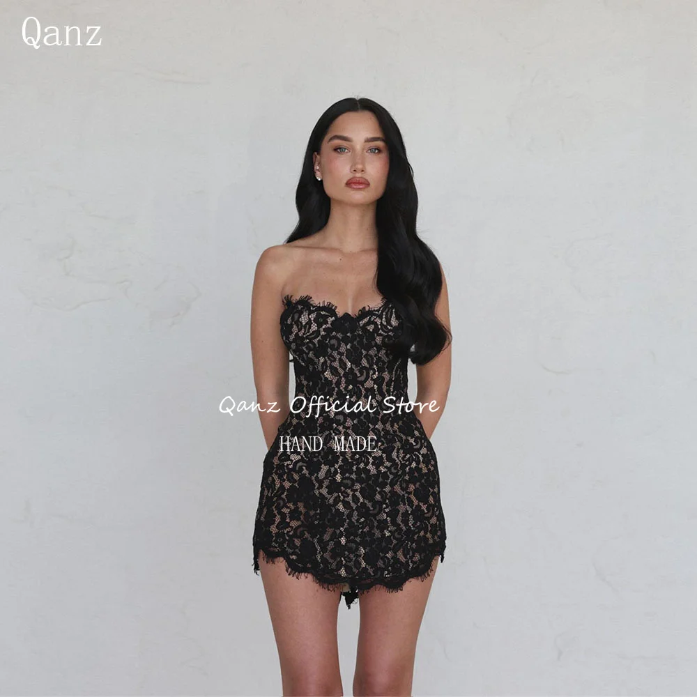 Qanz Schwarze sexy Mini-Abschlussballkleider mit Herzausschnitt und Spitze für Damen, Party, elegant, ärmellos, kurz, Vestido De Festa, individuell gestaltet