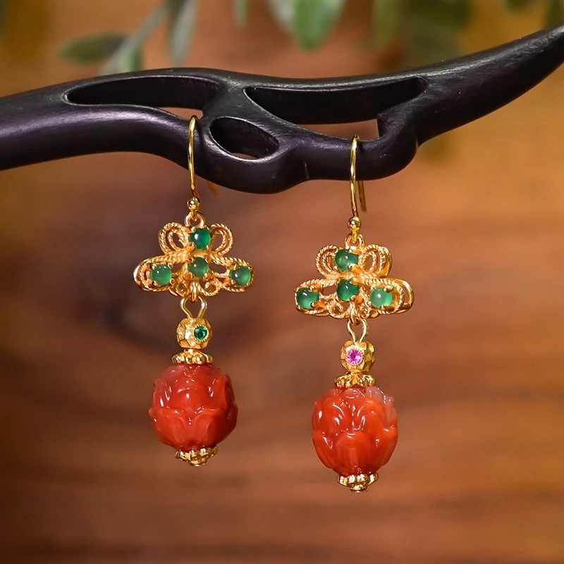 

Natural South Red Agate Earrings Sterling Silver Gold Plated Red Agate Three-Dimensional Carved Lotus Earrings Chinese Style
