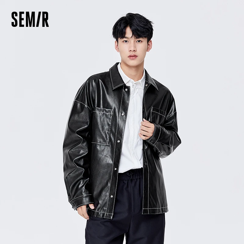 

Semir 2023 Men Jacket PU Leather Jacket Hong Kong Style Basic Solid Color Top Autumn New Loose Men Jacket for Men