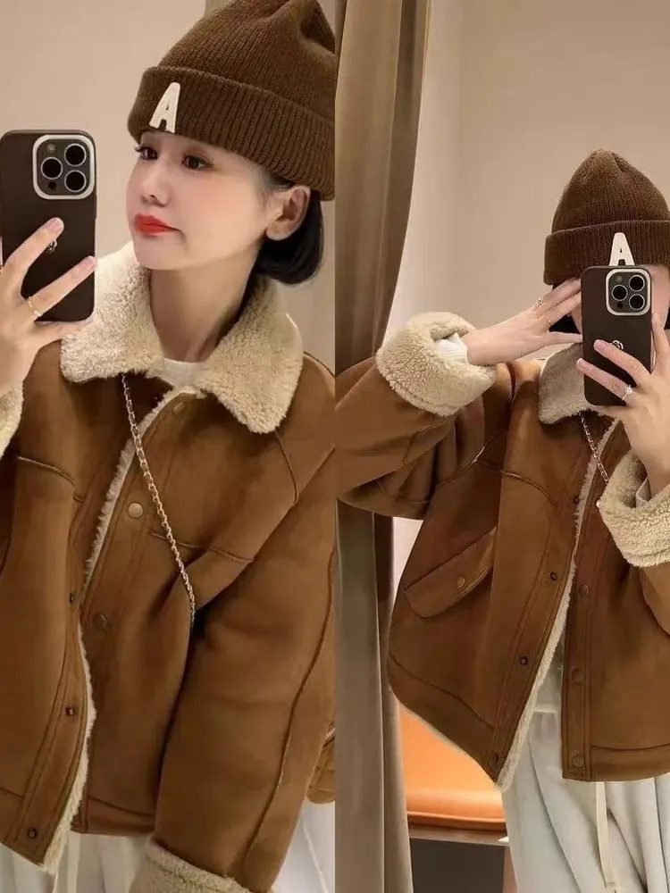 한국 스타일 양털 칼라 여성용 자켓 가을 겨울 가죽 퍼 루즈핏 소형 코트
