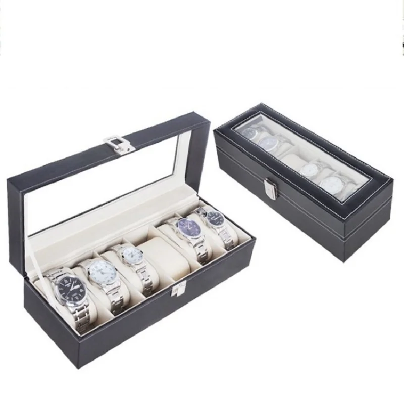 WELLZONE-vitrina de reloj de 6 posiciones para hombre, caja organizadora de reloj de cuero PU, soporte de almacenamiento de colección de relojes
