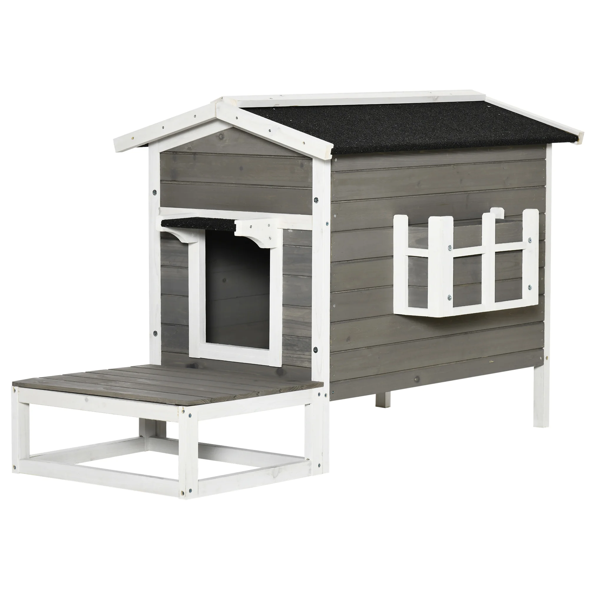 

Wooden Cat House Outdoor with Door, Weatherproof 2-Floor Cat Shelter with Asphalt Roof, Balcony, Dark Gray