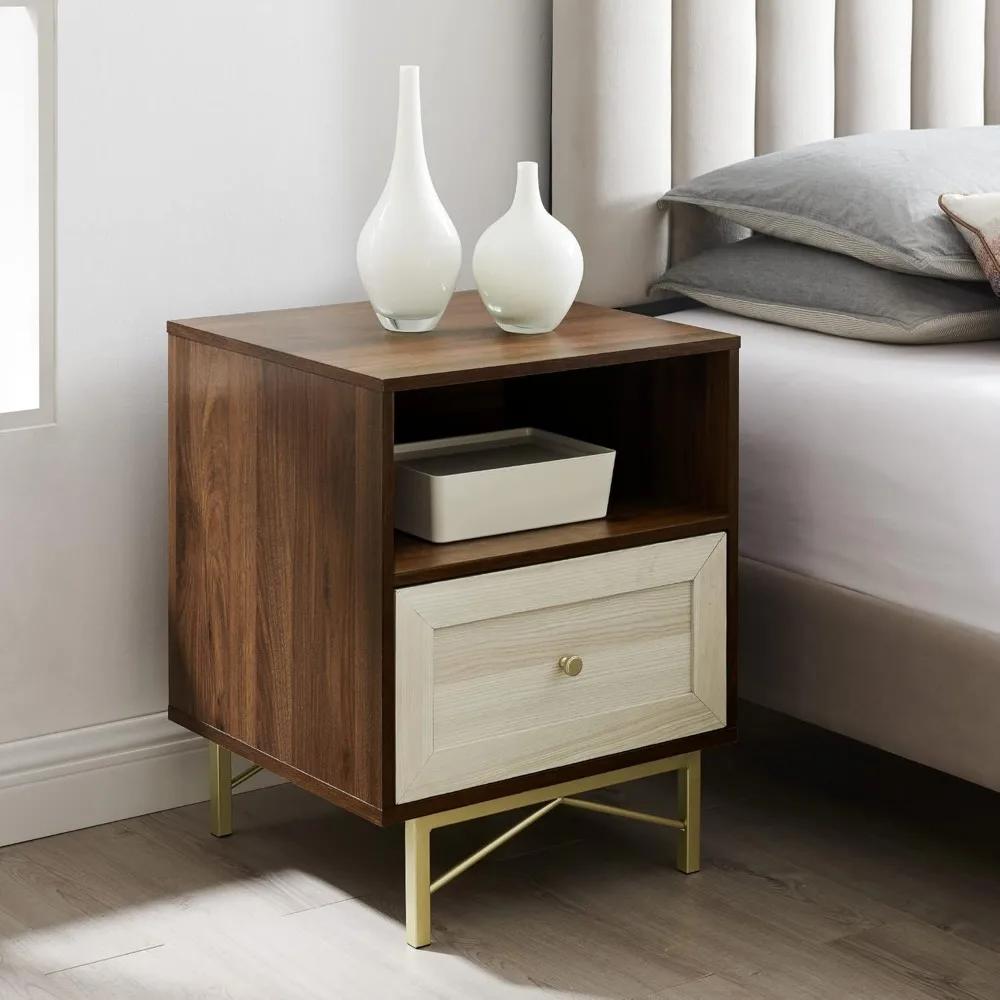 Dark Walnut and White Poplar Home Furniture 25 Inch Contemporary Wood and Metal 1 Drawer Nightstand With Gold Accents Bedroom