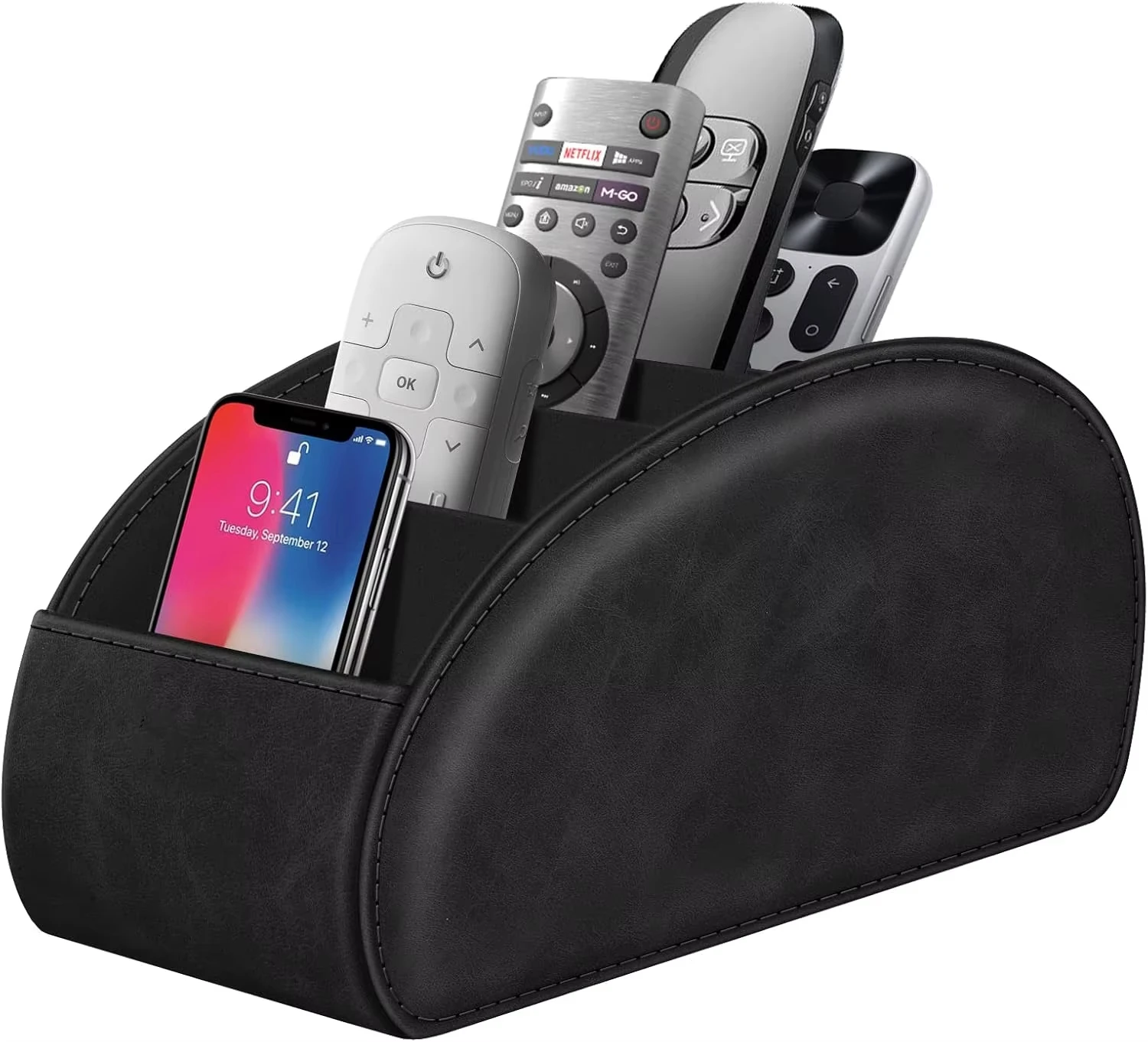 5つの仕切りが付いたPUレザー製収納ボックス。リモコン、スマートフォン、テレビのスタンドとしても使用可能。卓上収納に最適。化粧品やブラシの整理にも。