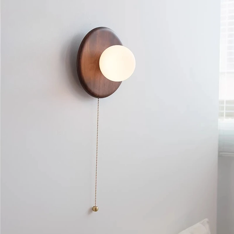 Wabi-sabi Walnut Solid Wood Wall Lamps Simple Home Bedroom Decorative Wall Lights for Mirror Front Aisle with Zipper LED Sconces