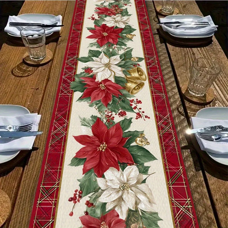 

Christmas Poinsettia Holly Berry Linen Table Runner Party Decor Winter Xmas Kitchen Dining Table Runner Christmas Decoraitons