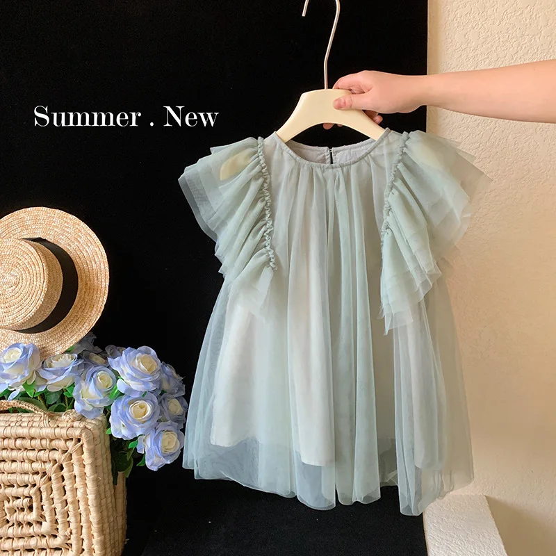 Girls' Summer Dress2024New Baby Western Style Children's Pure Color Mesh Flounced Sleeve Princess Dress