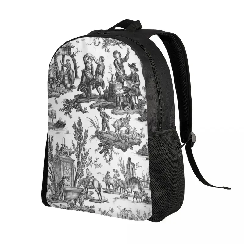 Black and white toile de Jouy laptop backpack women men casual bookbag for college school student French motifs floral bag