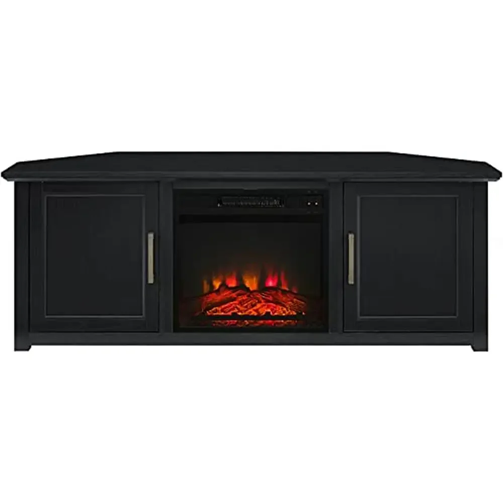 Corner TV Stand with Electric Fireplace Black 58-inch Adjustable Rustic Style Living Room Wood Cabinet Fits TVs up to 65