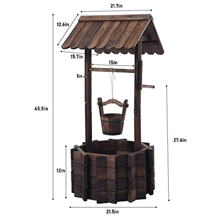 Garden Wooden Decor Rustic Wishing Well Planter Outdoor Home Decor for Patio, Yard, Lawn, Backyard Natural Wood, Brown, Weather