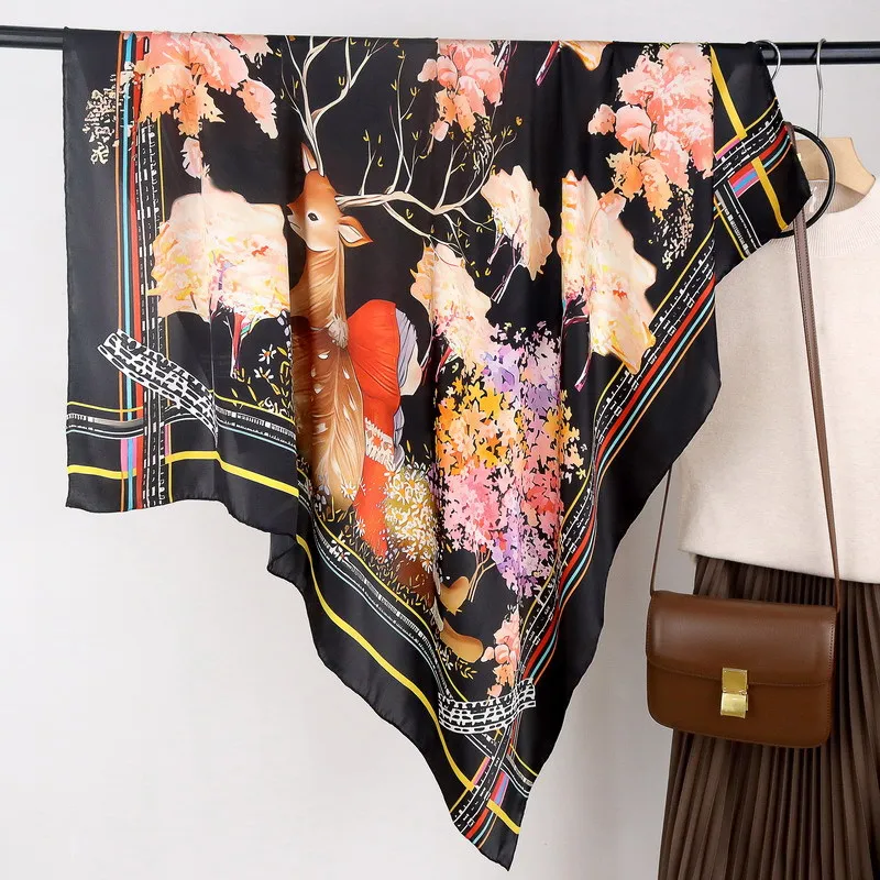 

High-end and Elegant Women Fine Seven-color Forest Deer Print Quality Plain Satin Silk Hand-rolled Edge Big Square Scarf Shawl