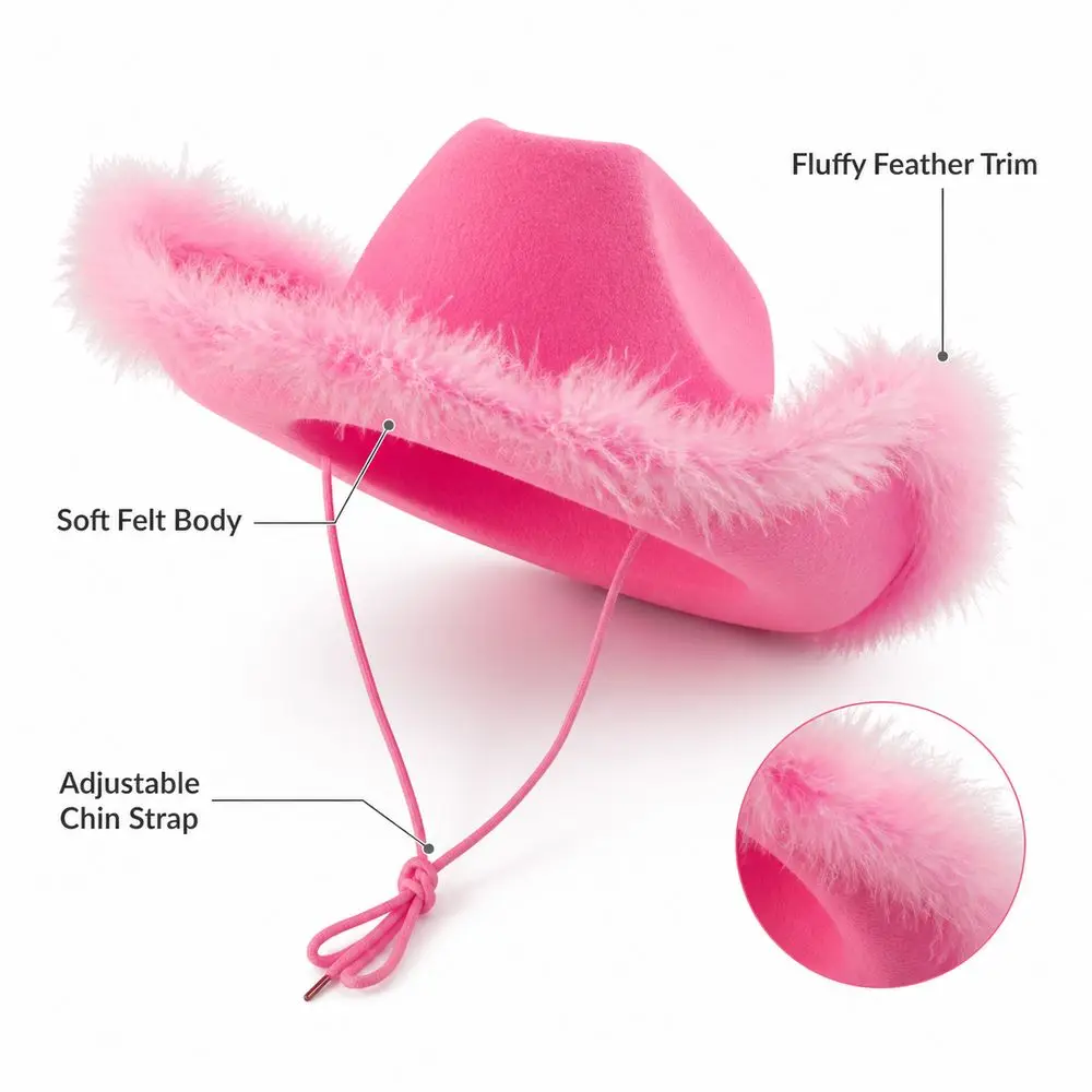 Decorative Cowboy Hat Western Cowboy Hat Fuzzy Fringed Brim Metallic Thread Detail Fuzzy Brim Hat Acrylic Decorative Trim