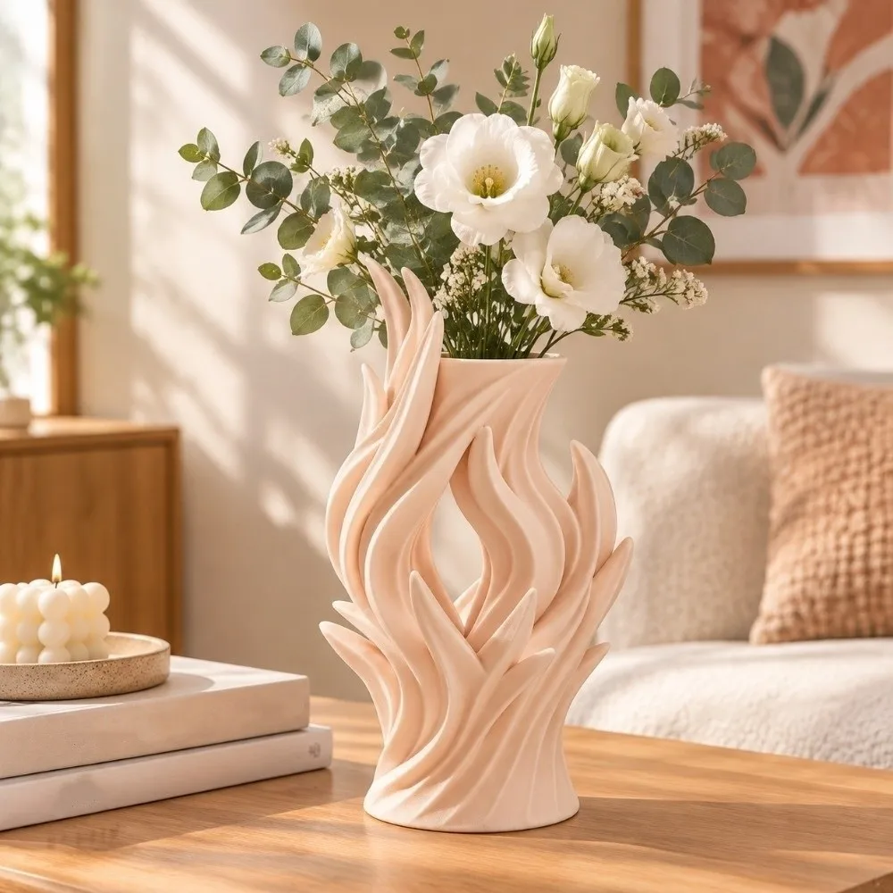 3D Printed Irregular Vase Twisted Wave Minimalist Artistic Flame Vase Hollow Out Flower Container Desktop Decoration