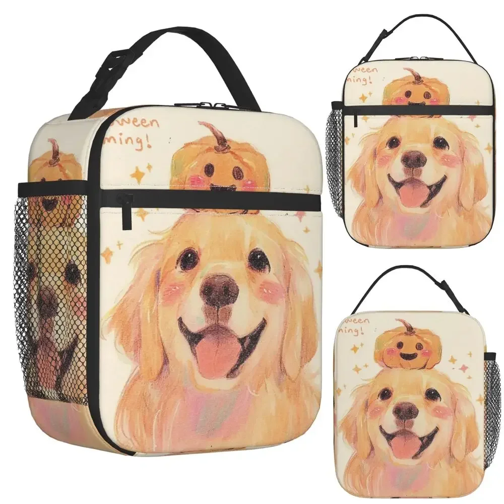 Cute Golden Retriever With A Pumpkin On Top Insulated Lunch Bag for Women Children Leakproof Food Boxes Thermal Lunch Box Tote