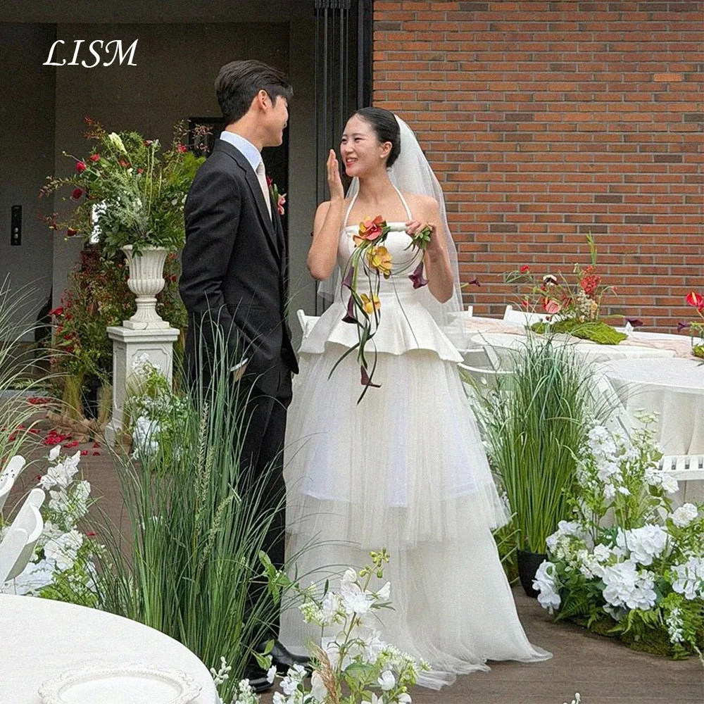 

LISM Halter A-Line Tiered Korea Wedding Dresses Silk Satin Tulle Elegant Long Bridal Gowns Customized Photo Shoot 웨딩드레스
