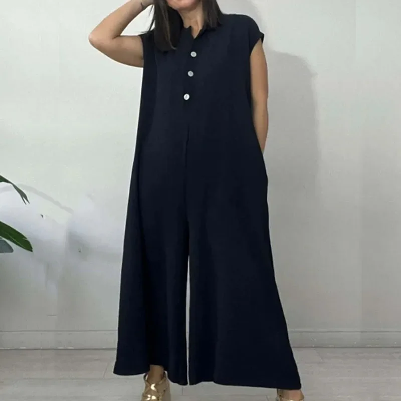 Vrouwen Effen Kleur Knoop High Street Romper Zomer Casual Katoenen Linnen Zak Romper Mode Eenvoudige O-Hals Jumpsuit Met Korte Mouwen