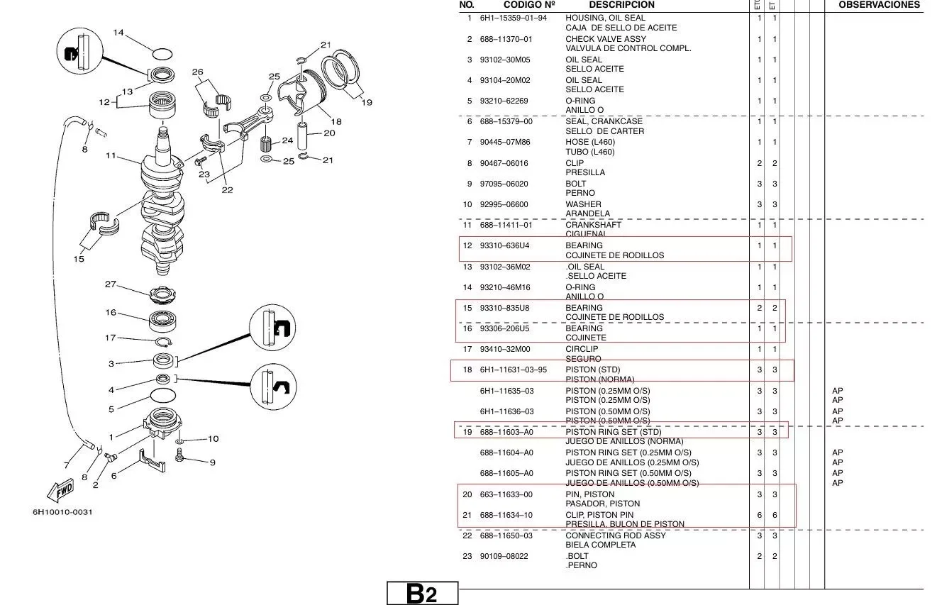 مجموعة إعادة بناء العمود المرفقي ورأس الطاقة STD 6H1 لياماها 2T 90Hp 3 Cyl 90AET 90AETO