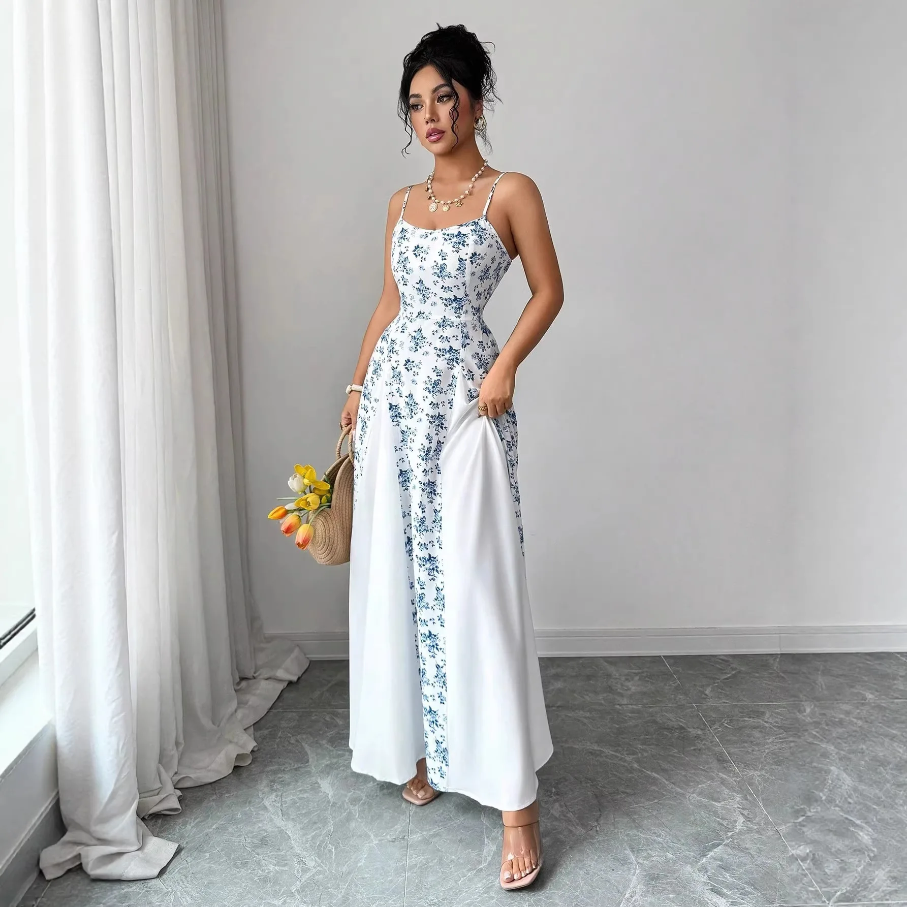 

New off-shoulder camisole sleeveless mid-rise floral print resort-style long dress