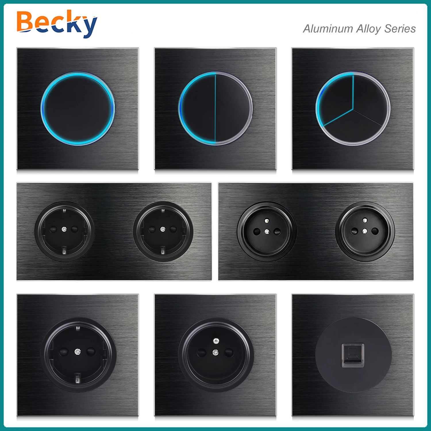 Bekcy Retro EU FR Black Brushed Aluminum Wall Light Switch Socket Reset Push Button Electrical Outlet with LED Indicator Light