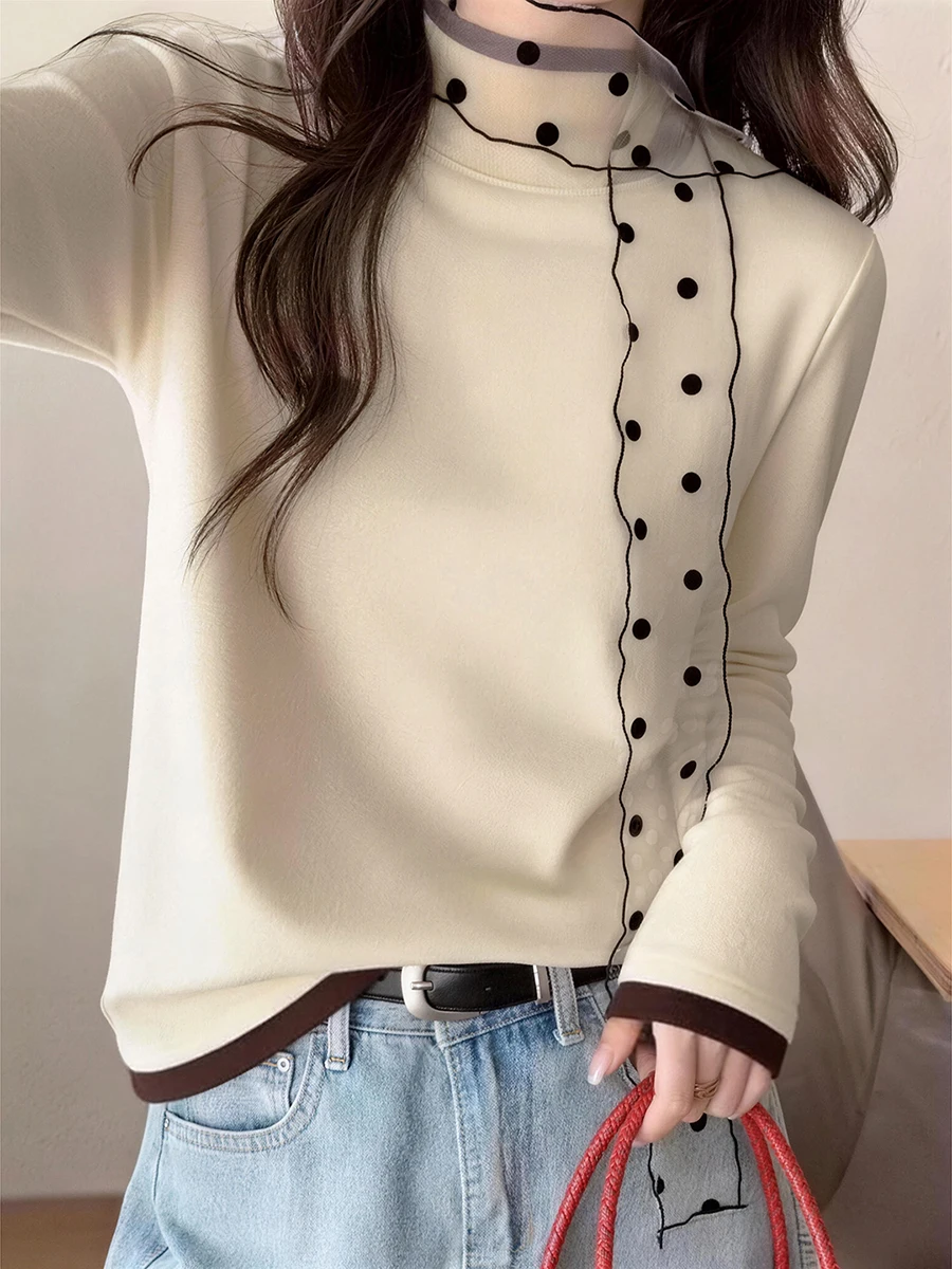 Delicate Base Layer Shirt Women's Inner Wear Long Sleeve T-Shirt Velvet Fabric Shoulder Pad Simplicity Style Spring New Top