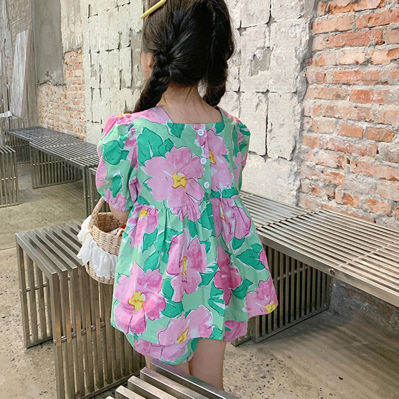 New Summer Girls\' Clothing Sets Sweet Casual Flower Doll Shirt And Shorts Fashion Baby Kids Outfit Children Girls Clothes Suit