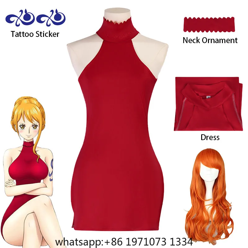 Anime Nami Cosplay Costume Nami Red Dress Unifrom Wig Transfer Tattoos Halloween Costume for Women Comic Con
