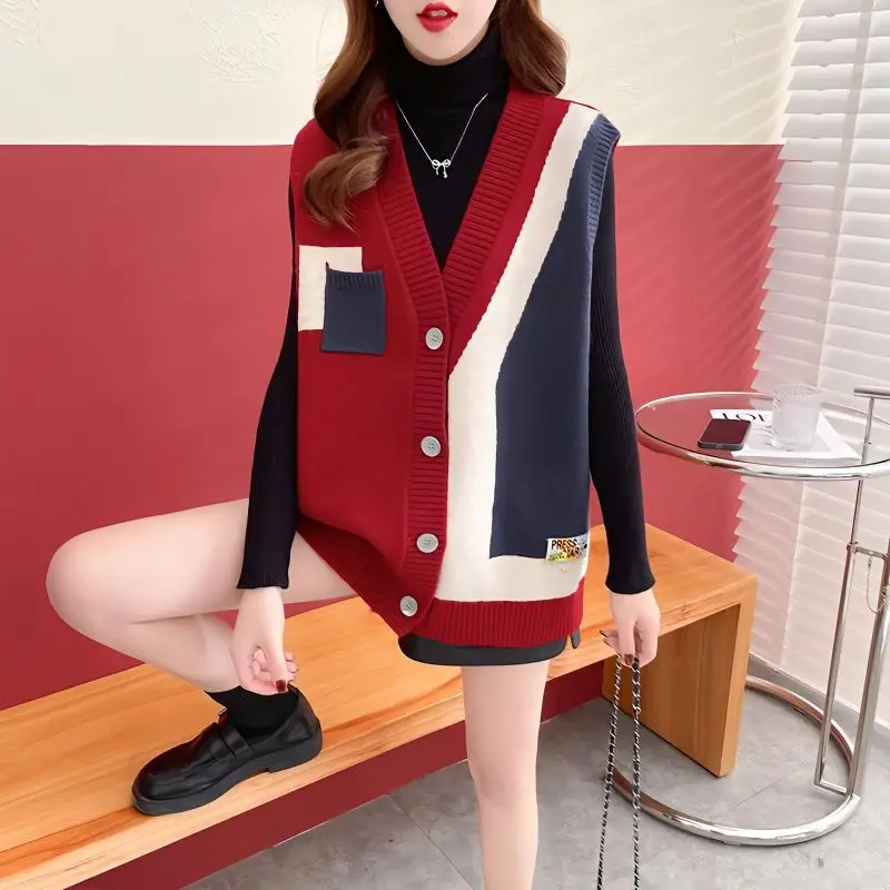 

Fashion V-Neck Spliced Color Vests Cardigan Sweaters Female Clothing 2024 Spring New Loose Knitted Casual Asymmetrical Tops