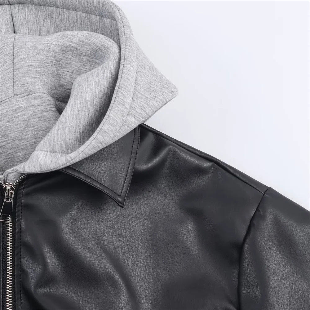 الخريف والشتاء منتج جديد أزياء المرأة وهمية قطعتين الربط سترة جلدية مقنعين سترة معطف