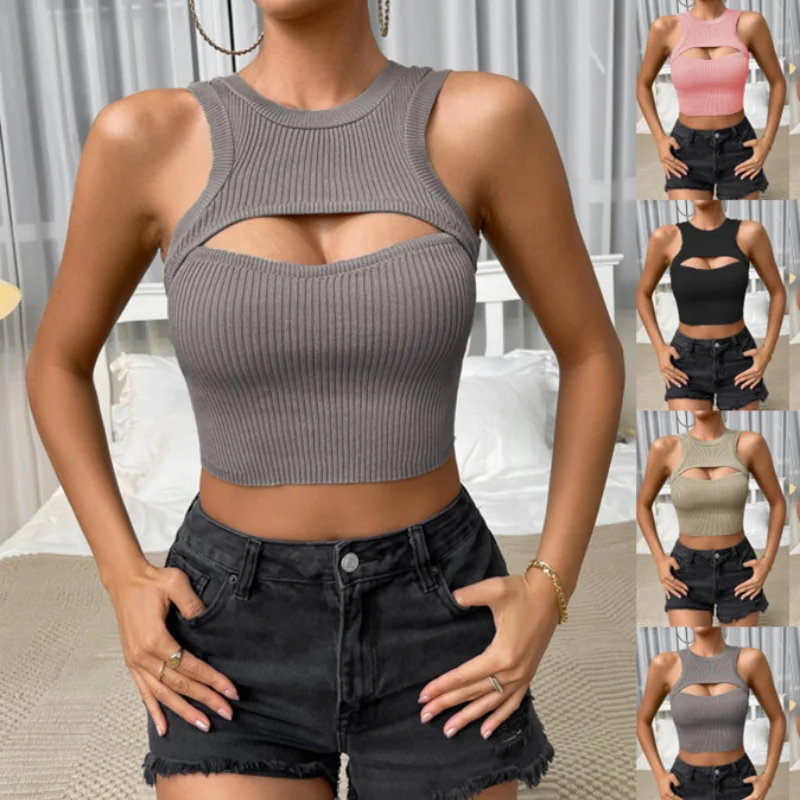

Chest Hollow Out Ribbed Knitting Tank Top Women Halter Crop Tops Sleeveless Bare Midriff Camisole Female Tube Top Cropped Vest